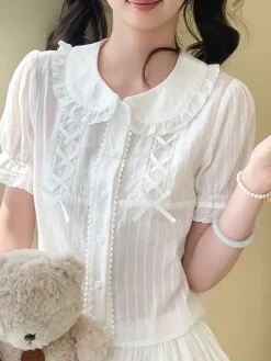 Chemisiers Lolita doux Haut Lolita Écru Blanc Manches courtes N艙uds Volants Chemise Lolita