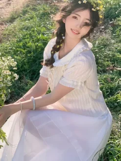 Chemisiers Lolita doux Haut Lolita Écru Blanc Manches courtes N艙uds Volants Chemise Lolita