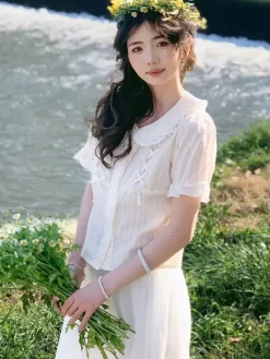 Chemisiers Lolita doux Haut Lolita Écru Blanc Manches courtes N艙uds Volants Chemise Lolita