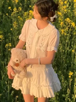 Chemisiers Lolita doux Haut Lolita Écru Blanc Manches courtes N艙uds Volants Chemise Lolita