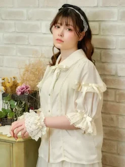 Chemisiers Lolita doux Haut Lolita N艙uds Volants Chemisier à manches mi-longues Chemise Lolita blanche
