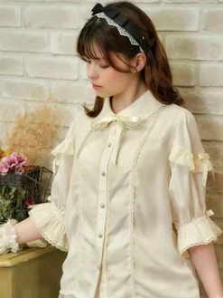 Chemisiers Lolita doux Haut Lolita N艙uds Volants Chemisier à manches mi-longues Chemise Lolita blanche