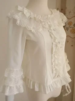 Chemisiers Lolita doux volants chemisier manches mi-longues haut Lolita chemise Lolita blanc écru