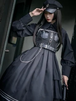 Chemisiers Lolita noirs Col roulé en polyester Haut à manches longues Chemise classique Lolita