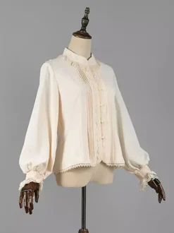 Chemisiers Lolita Classiques Lolita Top Ecru Blanc Manches Longues Dentelle Volants Chemise Lolita