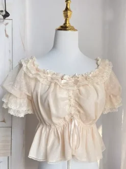Chemisiers Lolita doux blancs à manches courtes et volants n艙uds haut Lolita en dentelle