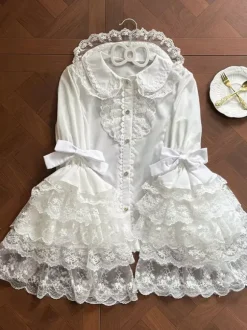 Chemisiers Lolita doux hauts Lolita blancs à manches longues et n艙uds en dentelle chemise Lolita