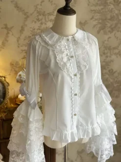 Chemisiers Lolita doux hauts Lolita blancs à manches longues et n艙uds en dentelle chemise Lolita
