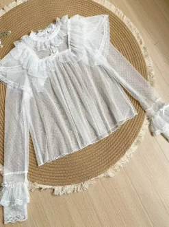 Chemisiers Lolita doux noirs à manches longues et volants haut Lolita à pois