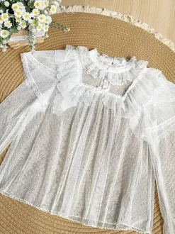 Chemisiers Lolita doux noirs à manches longues et volants haut Lolita à pois