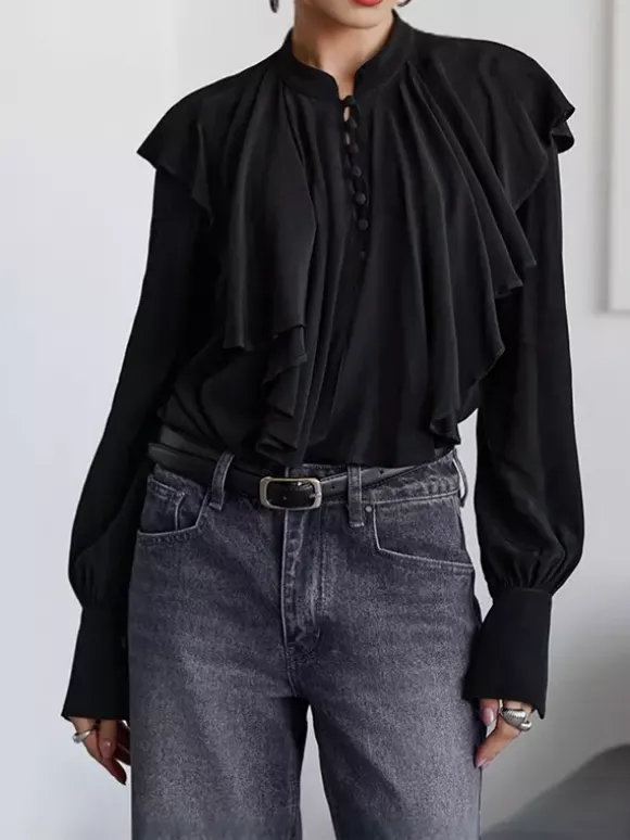 Chemisier vintage à volants pour femme - Haut victorien élégant noir à manches longues et boutons - Idéal pour le printemps et le soir (2026)