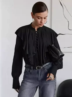Chemisier vintage à volants pour femme - Haut victorien élégant noir à manches longues et boutons - Idéal pour le printemps et le soir (2026)