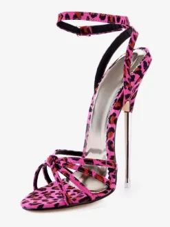 Chic sandales à talons aigus en tissu rose à motif léopard
