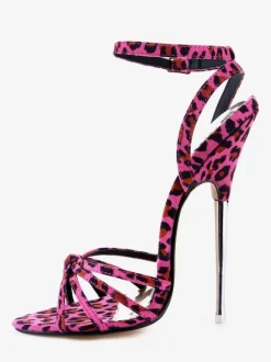 Chic sandales à talons aigus en tissu rose à motif léopard