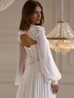 Châle de mariée ivoire à manches longues épaules dénudées manches lanternes dentelle robe de mariée en dentelle