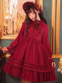 Classique Lolita Une Pièce Robe Couleur Unie à Manches Longues Vintage Déguisements Halloween