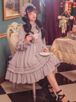 Classique Lolita Une Pièce Robe Couleur Unie à Manches Longues Vintage Déguisements Halloween