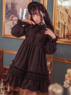 Classique Lolita Une Pièce Robe Couleur Unie à Manches Longues Vintage Déguisements Halloween