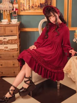 Classique Lolita Une Pièce Robe Couleur Unie à Manches Longues Vintage Déguisements Halloween