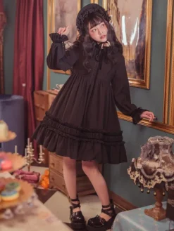Classique Lolita Une Pièce Robe Couleur Unie à Manches Longues Vintage Déguisements Halloween