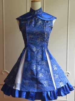 Classique Satin Bleu Qi Robe Lolita jacquard attirante avec lacets douse Déguisements Halloween