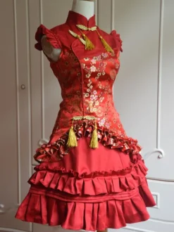 Classique Satin Rouge Qi Robe Lolita charmante jacquard avec volant vertical douse Déguisements Halloween