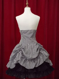 Classique taille haute Jupe Lolita noire élégante luxueuse excellente en coton avec rayure et noeuds Déguisements