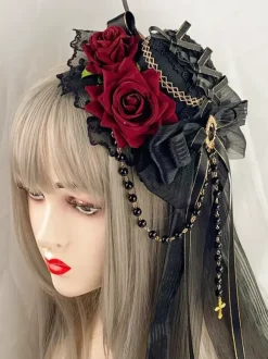 Coiffe gothique accessoires de mode Lolita chaînes bordeaux dentelle