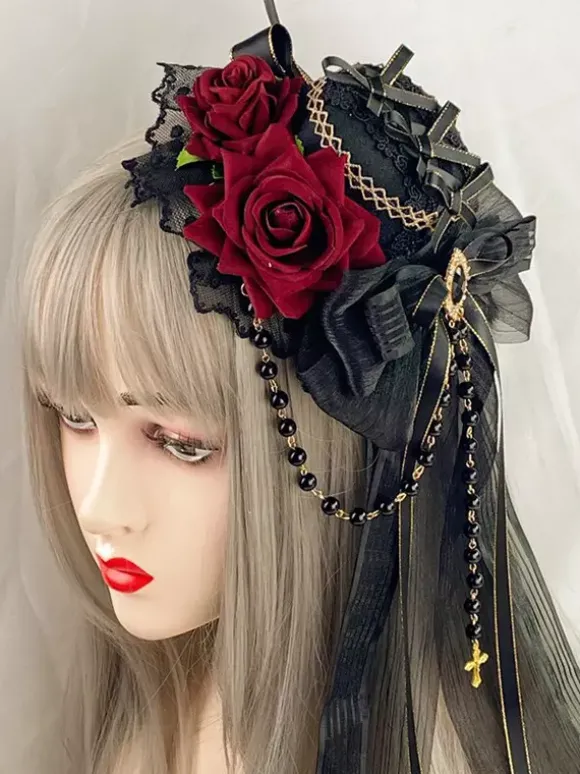 Coiffe gothique accessoires de mode Lolita chaînes bordeaux dentelle
