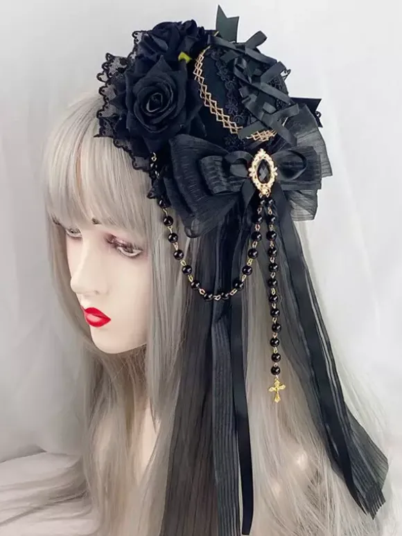 Coiffe gothique accessoires de mode Lolita chaînes bordeaux dentelle