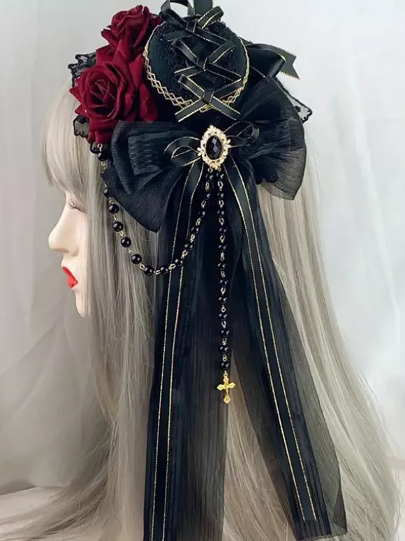 Coiffe gothique accessoires de mode Lolita chaînes bordeaux dentelle
