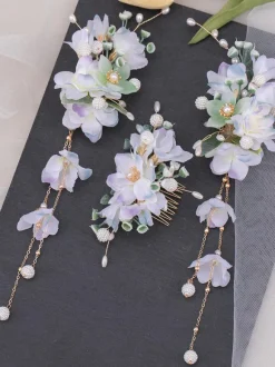 Coiffure Lolita Style Chinois Lilas Perles Chaînes Fleurs Accessoire Métal Divers