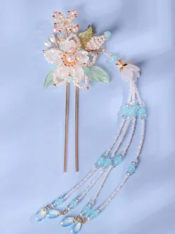 Coiffure Lolita Style Chinois Perles Blanches Fleurs Accessoire Métal Divers