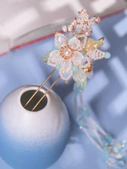 Coiffure Lolita Style Chinois Perles Blanches Fleurs Accessoire Métal Divers