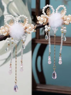 Coiffure Lolita Style Chinois Champagne Pompons Chaînes Perles Accessoire Métal Divers