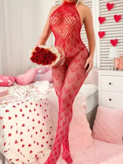 Collants body rouge à strass motif c艙ur rouge lingerie intégrale en résille à col halter idéale pour la Saint-Valentin