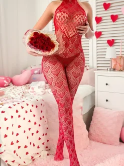 Collants body rouge à strass motif c艙ur rouge lingerie intégrale en résille à col halter idéale pour la Saint-Valentin