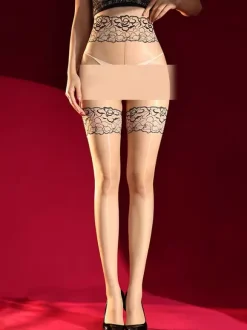 Collants et bas pour femmes jarretière bleue collants transparents traités à l'huile de cheval dentelle imprimée bas noirs brillants et irisés
