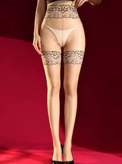 Collants et bas pour femmes jarretière bleue collants transparents traités à l'huile de cheval dentelle imprimée bas noirs brillants et irisés