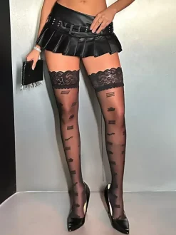 Collants sexy transparents hauts en dentelle bas imprimé lettres