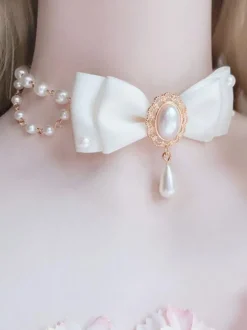 Collier Lolita Blanc Faux Perles N艙uds Doux Accessoires Lolita