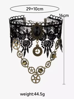 Collier Ras Du Cou En Dentelle Gothique Rétro Steampunk Détails En Métal Noir Vintage