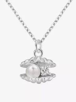 Collier pendentif coquillage argenté perle incrustée et petit zircon bijou délicat pour tous les jours