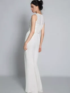 Combinaison de mariée 2 pièces gilet en dentelle sans manche boutonné sur dos