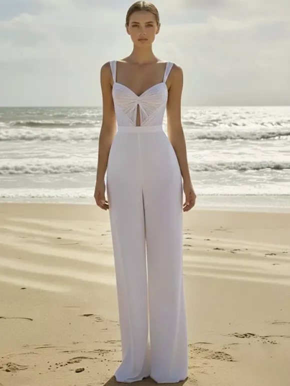 Combinaison de mariée 2 pièces en mousseline plissée avec traîne décolleté c艙ur sans manches taille naturelle couleur ivoire