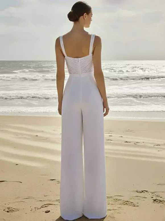 Combinaison de mariée 2 pièces en mousseline plissée avec traîne décolleté c艙ur sans manches taille naturelle couleur ivoire