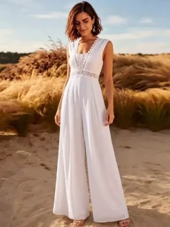 Combinaison de mariée en dentelle combinaison longue en dentelle col en V sans manches taille naturelle couleur ivoire