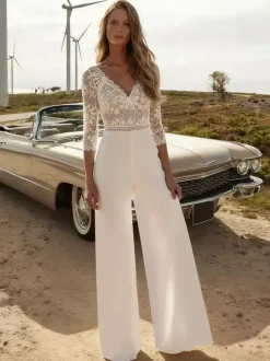 Combinaison de mariée en mousseline et dentelle longue jusqu'au sol col en V manches 3/4 taille naturelle blanche