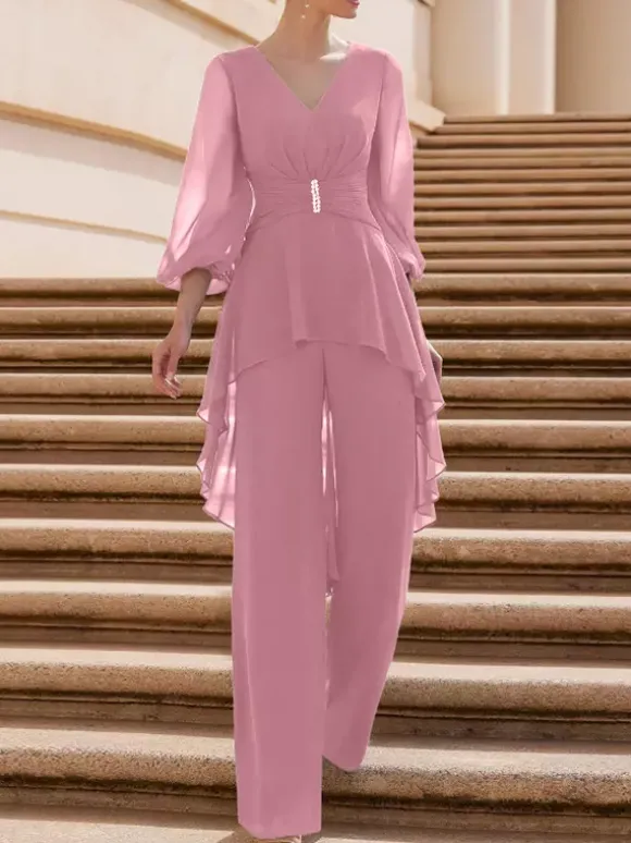 Combinaison de mère de mariée tenue d'invitée de mariage col V manche longue