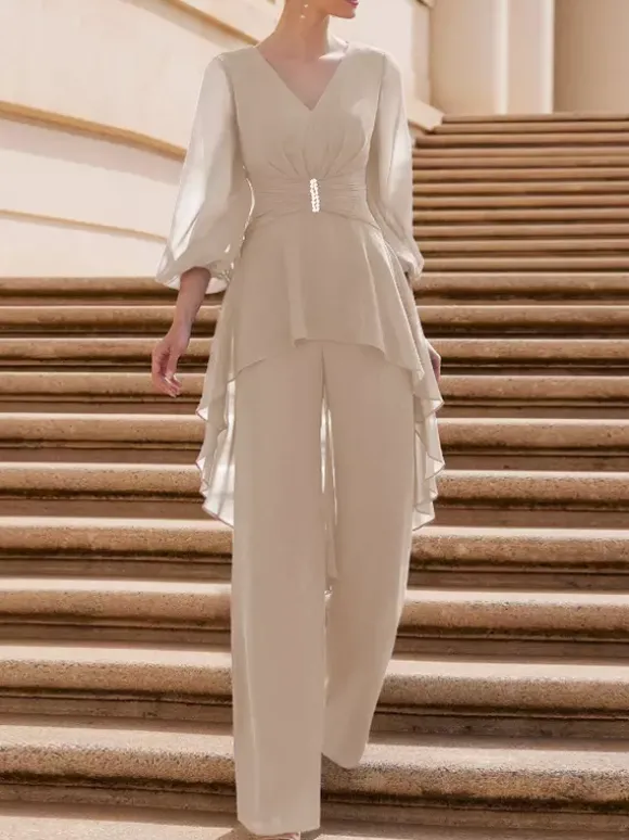 Combinaison de mère de mariée tenue d'invitée de mariage col V manche longue